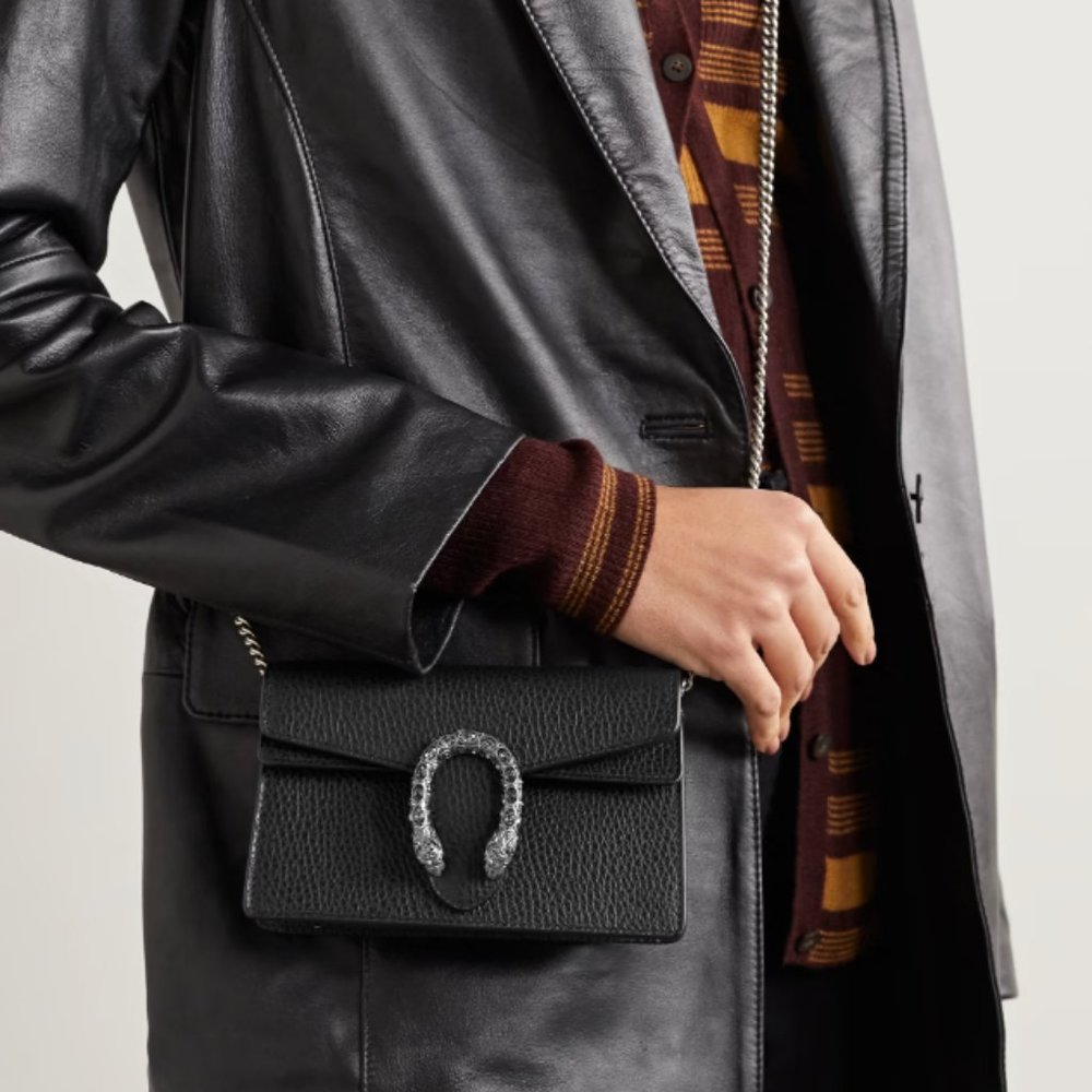 100% AUTH GUCCI Dionysus super mini textured calf leather shoulder bag black - Picture 2 of 15